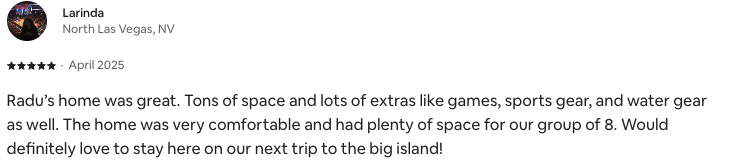 Five-star guest review from Larinda, April 2025. Expand the review heading above for the full text.